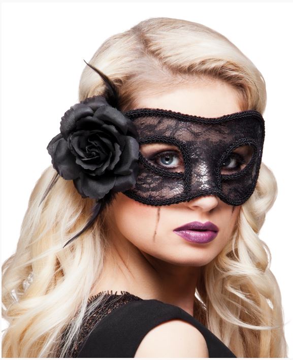 Venetiaans masker kant met bloem zwart - Willaert, verkleedkledij, carnavalkledij, carnavaloutfit, feestkledij, masker, venetiaanse maskers, oogmasker, loupe, Venetiaans bal, gemaskerd bal, bal masque, gemaskerd feest